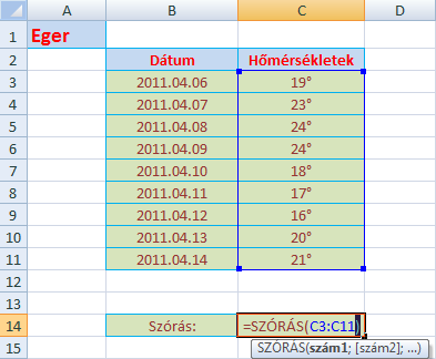 ahol x a középérték, n pedig a minta mérete. Feladat 2011. áprilisában Egerben egy órakor mért hőmérsékletek ( C) alakulása: 19,23,24,24,18,17,16,20,21. Mekkora a hőmérsékleti adatok szórása? 122.