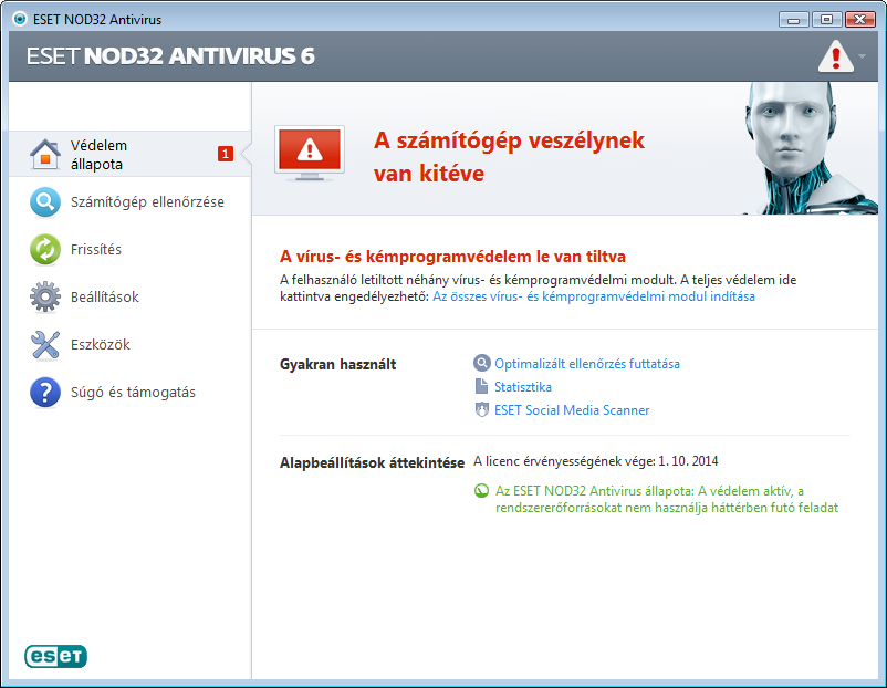 A vörös ikon kritikus problémákat jelez ekkor nem biztosított a számítógép maximális védelme.