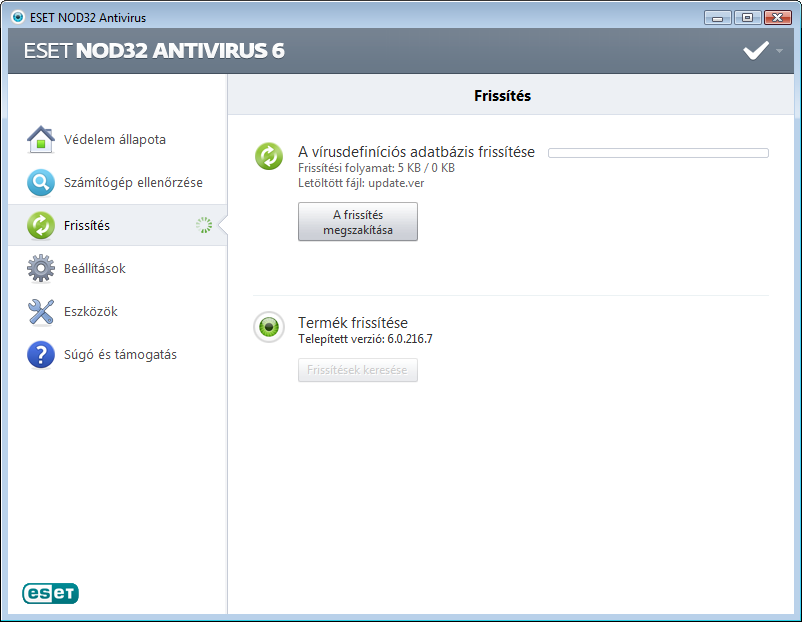 Fontos: Szokások körülmények között, a frissítések megfelelő letöltése esetén a Nem szükséges frissíteni a vírusdefiníciós adatbázis naprakész üzenet jelenik meg a Frissítés ablakban.