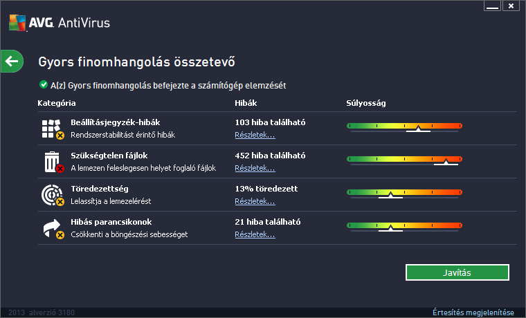 elemzési folyamatot, majd az eredményeket megtekintheti a diagramon: Az eredmények megjelenítik az észlelt rendszerhibák számát (Hibák) a vizsgált kategóriák szerint csoportosítva.