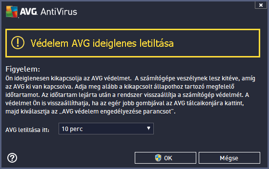 Az AVG védelem letiltása Jelölje be az AVG védelem ideiglenes letiltása jelölőnégyzetet, és erősítse meg a választást az Alkalmaz gombra kattintva.