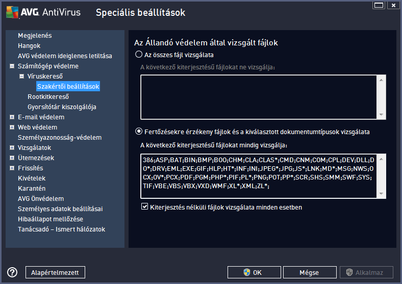 Az Állandó védelem által vizsgált fájlok párbeszédpanelen beállíthatja, hogy mely fájlokat (megadott k iterjesztéssel rendelk ezők et) vizsgálja át a program: Jelölje be a megfelelő jelölőnégyzetet