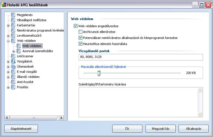 12.6.1.Web védelem A Web védelem ablakban szerkesztheti az összetevo beállításait a honlapok tartalmi vizsgálatának szempontjából.