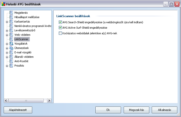 12.7.Linkvizsgáló A Linkvizsgáló beállítások panel lehetové teszi, hogy ki- és bekapcsolja a Linkvizsgáló alapveto funkcióit: Kereso védelem engedélyezése - (alapállapotban bekapcsolva):