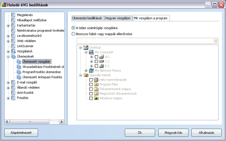 A Mit vizsgáljon a program fülön meghatározhatja, hogy a számítógép teljes vizsgálatát vagy csak bizonyos fájlok és mappák vizsgálatát szeretné