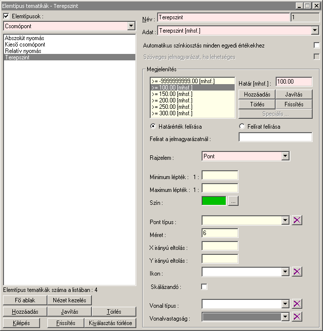 4.2.1.3. Elemtípusok tematikáinak kezelése és beállításai Az Elemtípus kijelölésével lehetővé válik a legödülő menüből a kívánt elemtípus kiválasztása.