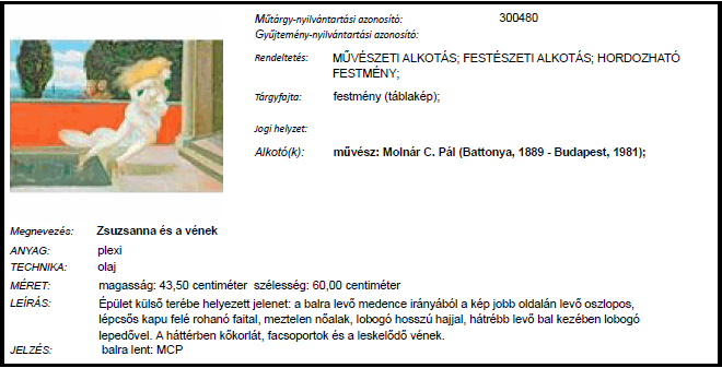 A 2010 októberében budapesti magántulajdonból ellopott Barcsay Jenő (Katona, 1900 - Szentendre, 1988): Tájkép házakkal, 1926 körül (Tájkép) [műtárgy-nyilvántartási azonosító: 290037] című festményt a