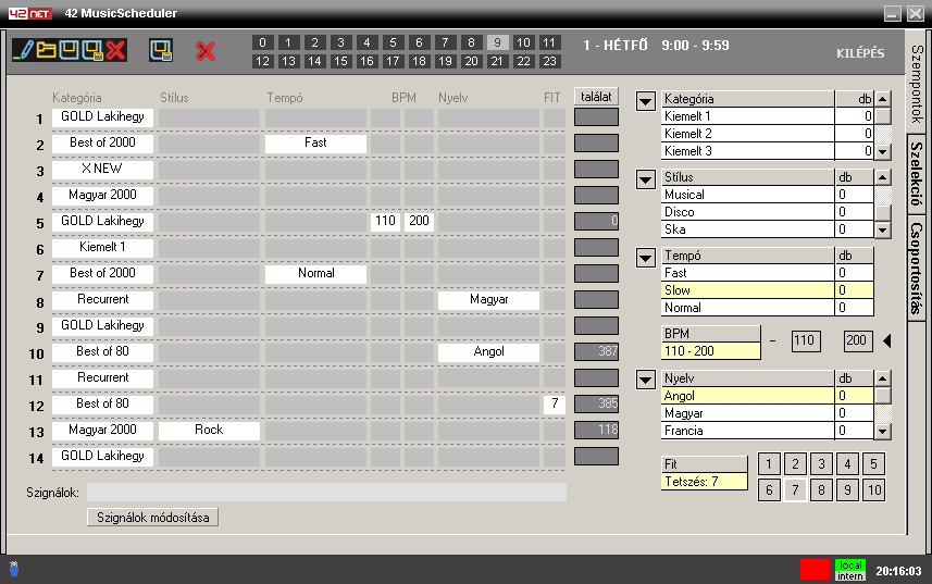 A 42NET Music Scheduler programban időszakokra, azon belül