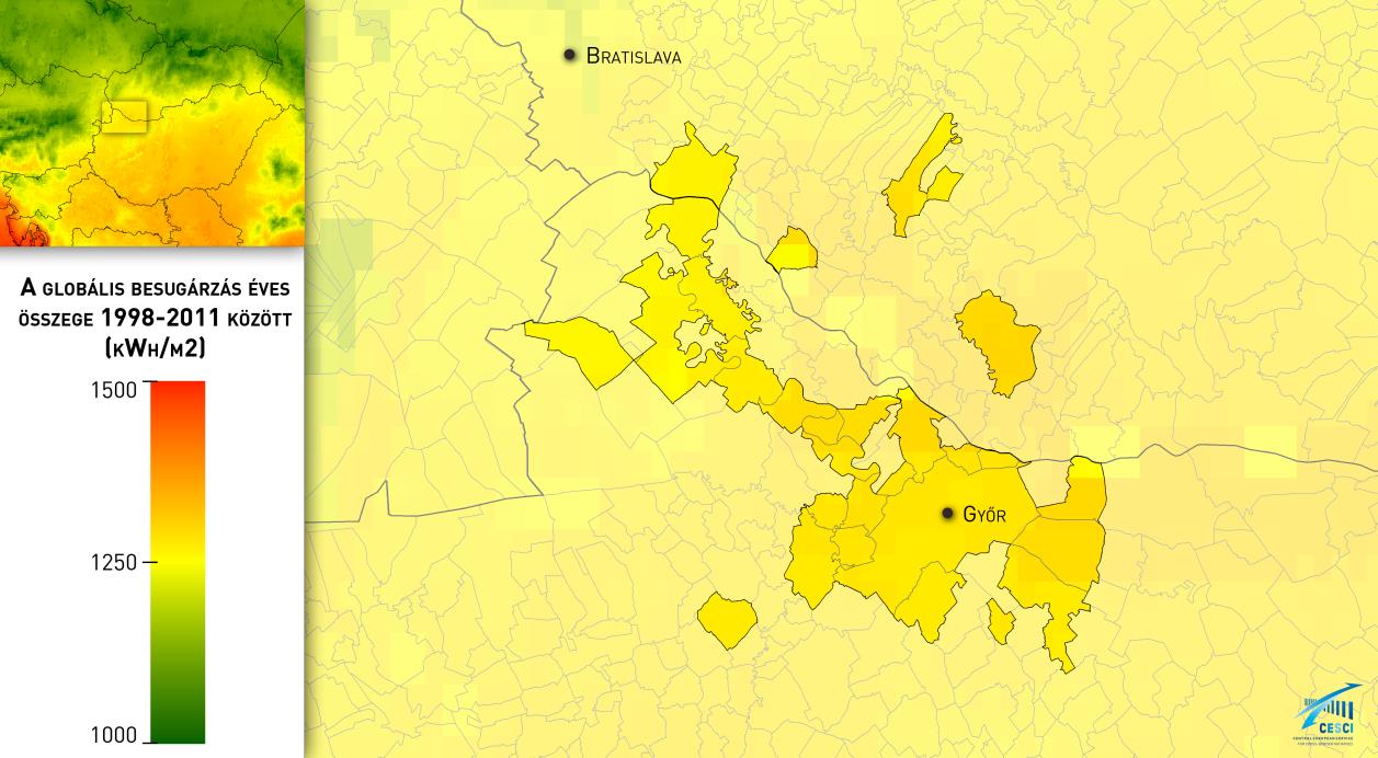 10. ábra: A globális besugárzás éves összege (kwh/m 2 ) 1998-2011 között 7 Az uralkodó szélirány nyugati és északnyugati, 10 m-en a szélsebesség a nyugati területeken 3-3,5 m/s, a keleti területeken