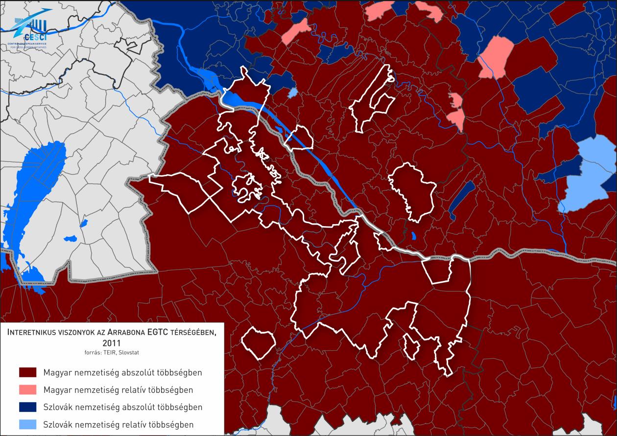 55. ábra: Interetnikus viszonyok az Arrabona EGTC térségében Magasabb területi szinten a LEADER helyi akciócsoportok valamint a többcélú kistérségi társulások további példaként szolgálnak az EGTC