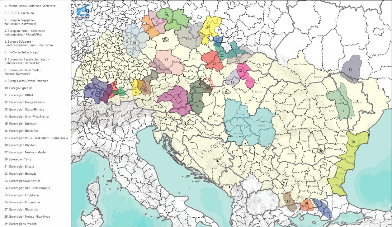 58. ábra: Eurorégiók a Duna medencében A CENTROPE a 2003-as Kittsee Nyilatkozat alapján az osztrák Bécs, Alsó-Ausztria és Burgenland tartományok, Dél-Morvaország cseh régió, Pozsony és Nagyszombat