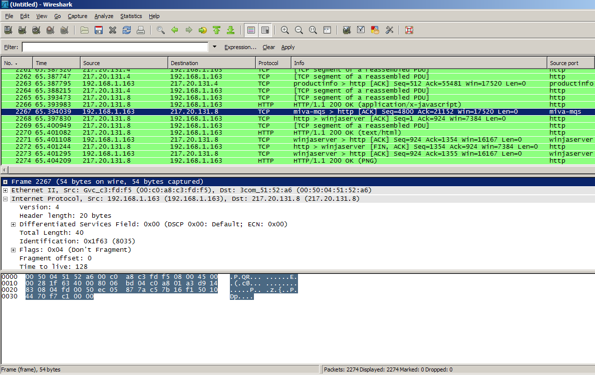 35 31. ábra: Wireshark program képernyője A program segítségével megtekinthetjük egy hálózati kártyán áthaladó ethernet kereteket. A program rögzíti a keret feladó és cél címét, méretét és tartalmát.