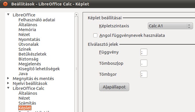 1-es verziótól igaz. Az új Calc verziókban is lehetőségünk van az angol függvénynevek használatára, ha bekapcsoljuk ezt az opciót az Eszközök Beállítások... LibreOffice Calc Képlet résznél (lásd 76.