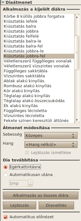 6.4.3. Diaátmenet Az utolsó kategória Feladatok fülön a Diaátmenet. Itt a diák váltásának tulajdonságait állíthatjuk be. Ekkor is számos, látványosabbnál látványosabb animáció közül választhatunk.