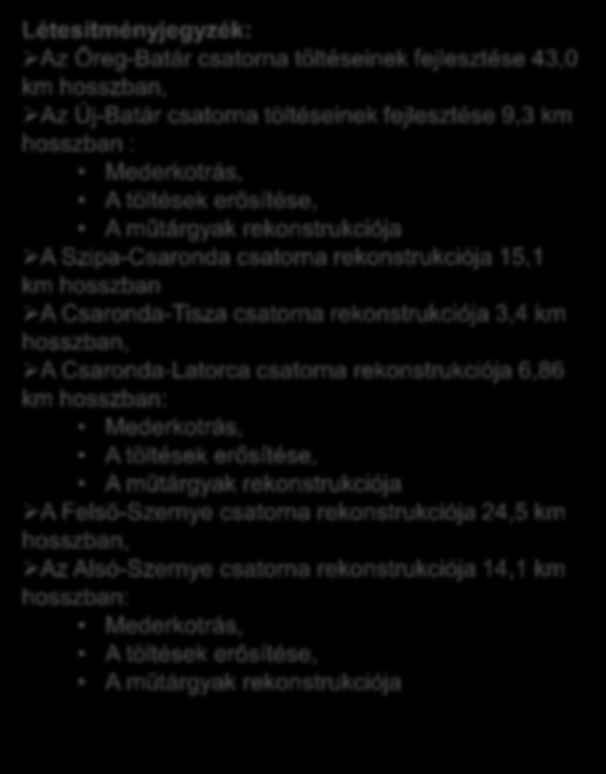 Létesítményjegyzék: Az Öreg-Batár csatorna töltéseinek fejlesztése 43,0 km hosszban, Az Új-Batár csatorna töltéseinek fejlesztése 9,3 km hosszban : Mederkotrás, A töltések erősítése, A műtárgyak