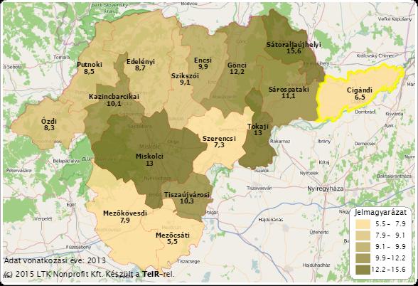 16. térkép: Ezer lakosra jutó regisztrált nonprofit szervezetek száma Borsod-Abaúj-Zemplén megye járásaiban (db) Forrás: TEIR A városban az elmúlt 13 év
