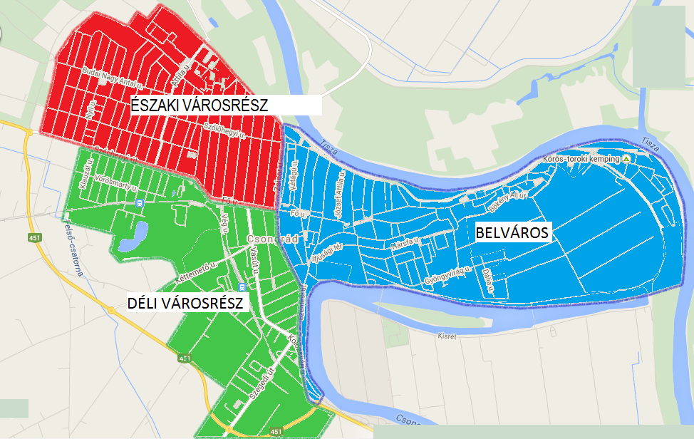 HELYZETFELTÁRÓ- HELYZETELEMZŐ - HELYZETÉRTÉKELŐ MUNKARÉSZEK 212 31. térkép Városrészek Csongrád városában (2015) Forrás: saját szerkesztés A városrészeket lehatároló utcák és objektumok: 1.