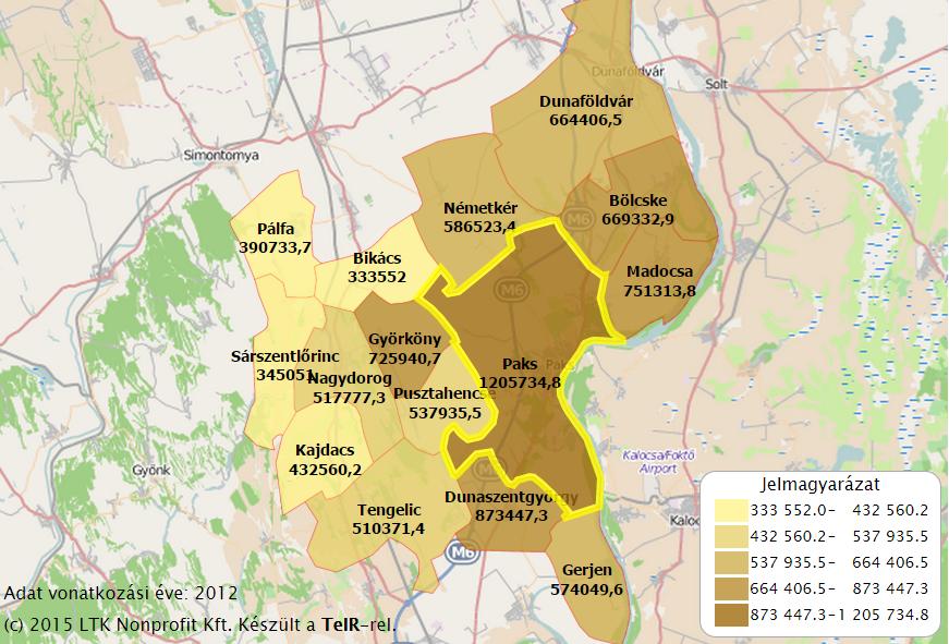 63 1.7-9. ábra: Egy lakosra jutó nettó belföldi jövedelem a Paksi járásban, 2012, Ft Forrás: Lechner Nonprofit Kft.