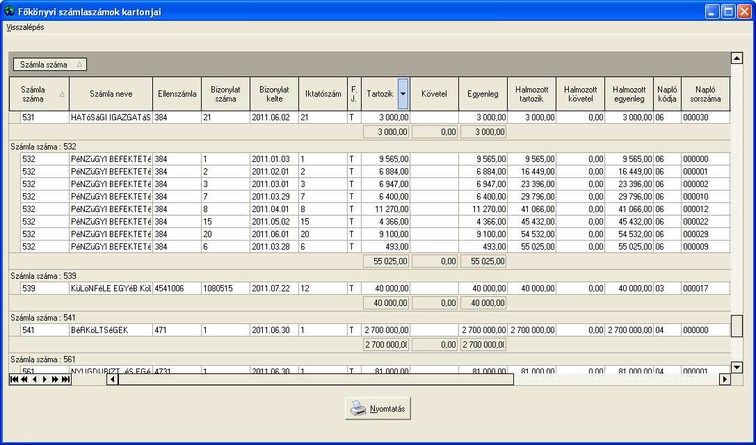 főkönyvi számlaszámok kartonjainak a