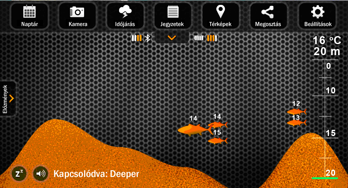 3.2. Fő képernyő Ikonok magyarázata: Bluetooth jel erőssége Akkumulátor töltöttségi szintjelző A menü megjelenítése és elrejtése, Vízhőmérséklet és vízmélység a jeladó alatt Az észlelt hal