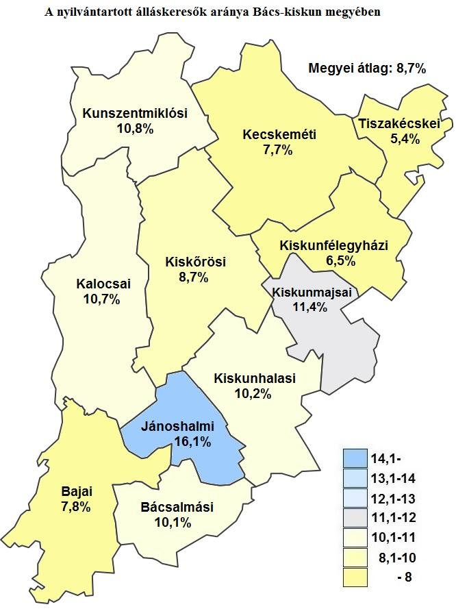 (a gazdaságilag aktív népesség százalékában) 8,7% volt a megyében. Ez a múlt havi aránynál 0,7%-ponttal, míg az egy évvel korábbinál 1,6%-ponttal alacsonyabb.