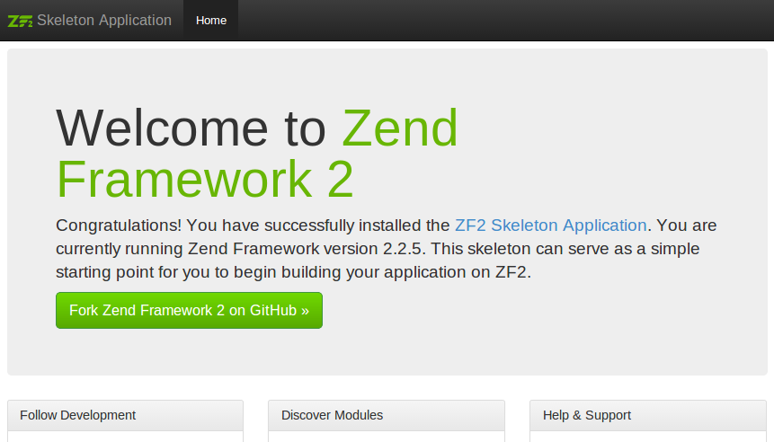 7. ábra: A Zend Framework kezdőoldala A telepítés után a böngészőben már megnézhetjük a Zend üdvözlő képernyőjét.