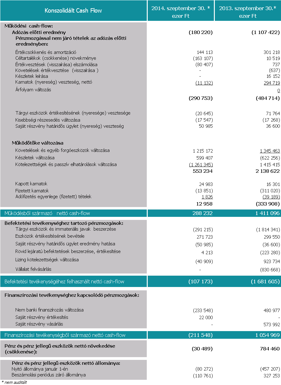 SYNERGON Csoport Cash-flow A társaság nettó pénzeszköz állománya 2014. szeptember 30-án 111 millió forint hiteltartozás volt.