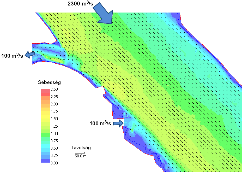51. ábra: Számított sebességmező a hidegvíz- és melegvíz-csatornák torkolatainak környezetében, 2 300 m³/s-os, sokéves átlagos Duna vízhozam és 100 m³/s-os hűtővíz-kivétel esetén Paksi Atomerőmű