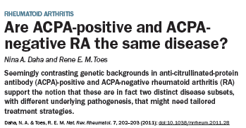 ACPA pos and neg RA ACPA positive ACPA negative Genetics HLA-DR1, HLA-DR4 HLA-DR3, HLA-DR13, IRF5, PTPN22, CTLA4 VTCN1 Environment Smoking Obesity Caffeine (excessive) Anticoncipient