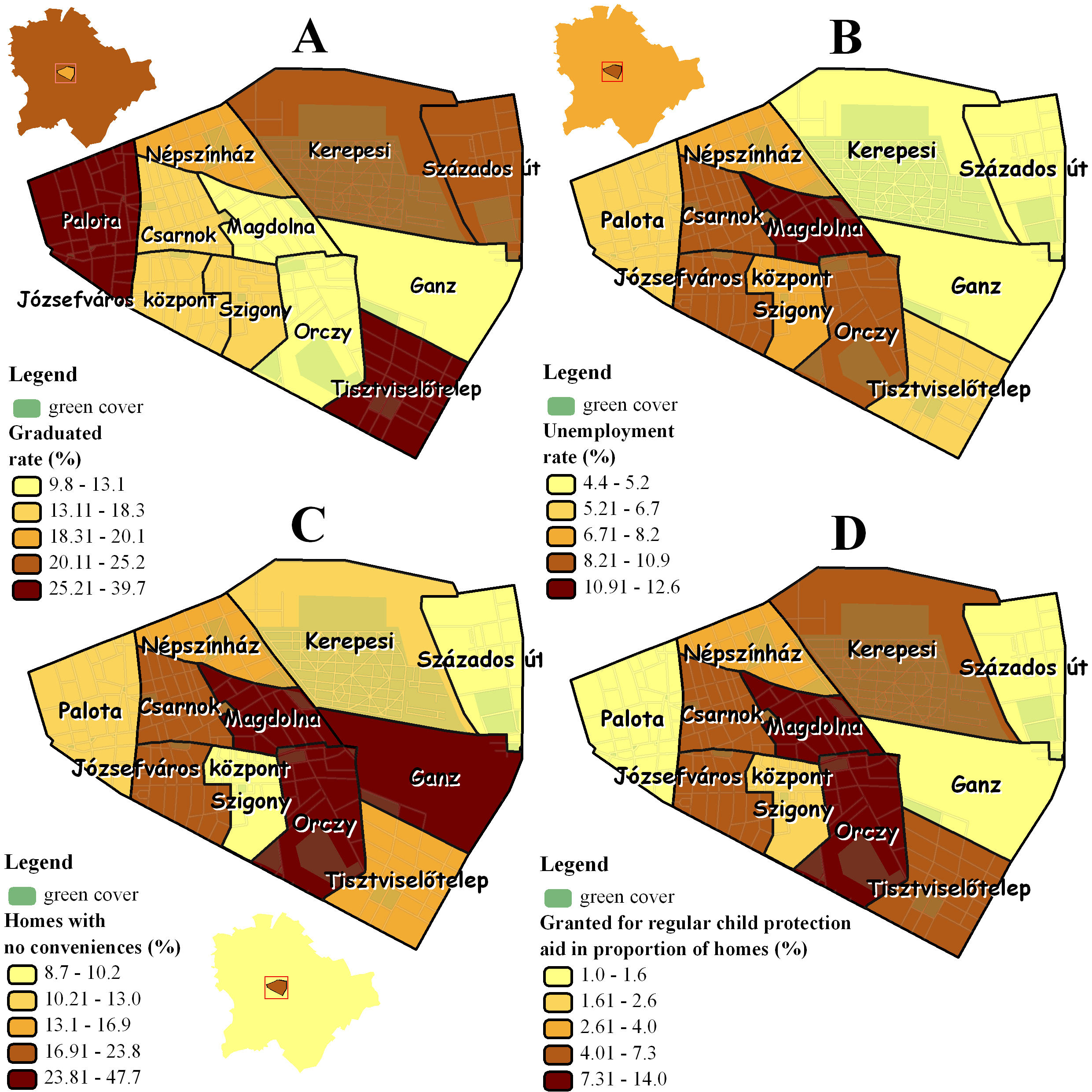 Figure 4: Spatial distribution of certain socioeconomic factors in Budapest and in VIII.