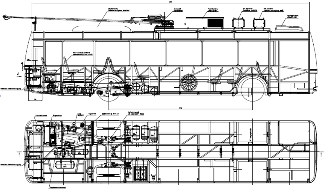 A megvalósítandó trolibusz tetején elhelyezkedő komponensek: a klímaberendezések, a pneumatikus áramszedő, a hajtáskonténer és a segédüzemi átalakítók.