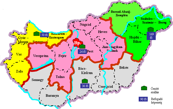 Győri Őrzött Szállás: Zala, Vas, Győr-Moson-Sopron, Komárom-Esztergom Megye Budapesti Őrzött Szállás: Veszprém, Fejér, Tolna, Pest, Nógrád, Heves Jász-Nagykun-Szolnok Megye, Repülőtéri Rendőr