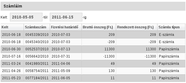 5. fejezet Számlázás 5.1. Számláim A Számláim menüpont alatt megtekinthet k a szolgáltatás(ok) után kiállított számlák f bb adatai. Alapértelmezetten az utolsó két év számlái jelennek meg.