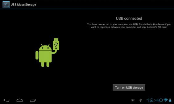 3 Érintse meg az "USB connected" (USB eszköz csatlakoztatva) feliratot Kattintson az "Turn on USB storage" (USB-tár bekapcsolása) gombra (1.4). 1.