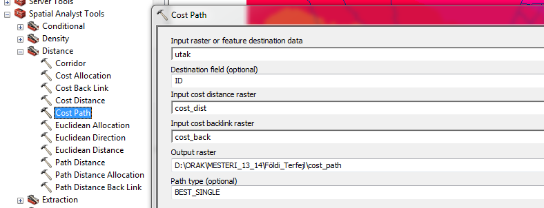 lásd az ábrán, a cost raster a 13. pontban leírt összeadás eredménye. Két állomány keletkezik, mindkettő bekerül a tartalomjegyzékbe. A fenti ábrán a távolság kép látható.