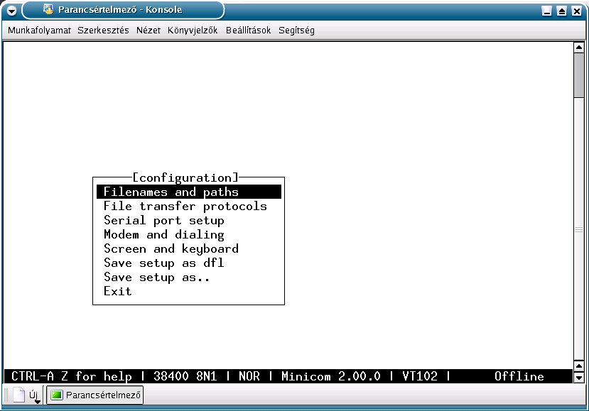 3.7. MODEMEK 57 Indítsuk el konzolban vagy konzolablakban a programot. Első indításkor a következő üzenetet fogjuk kapni: jimmy:~$ minicom minicom: there is no global configuration file /etc/minirc.