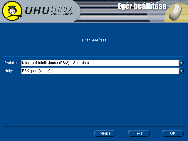 4.6. PARTÍCIONÁLÁS 81 4.4. ábra. Az egér beállítása Az egér beállítása után visszakerülünk az UHU-Linux Terjesztési feltételeket tartalmazó képernyőjére. Olvassuk végig figyelmesen a benne leírtakat.