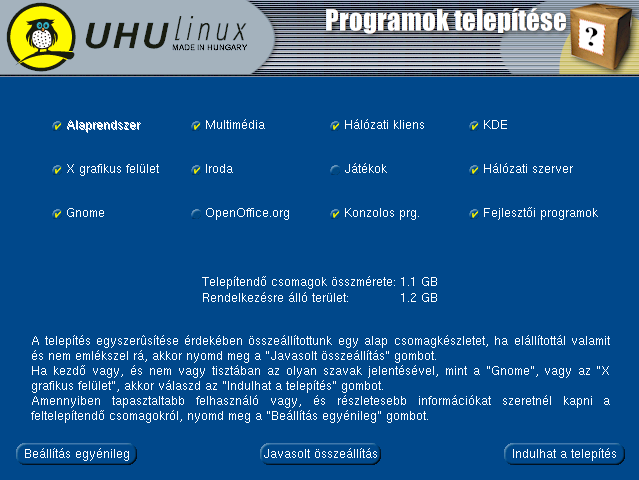 4.7. CSOMAGKIVÁLASZTÁS 85 FONTOS! Partícionálásra csak olyan programot használjunk, amit jól ismerünk! Kezdő Linux felhasználóként bízzuk ezt a feladatot a telepítőre.