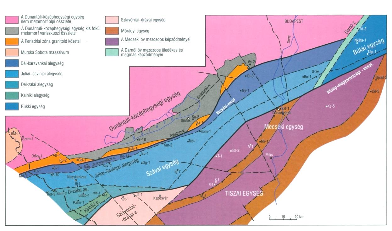 A fúrások adatai, valamint szlovéniai és horvátországi felszíni előfordulások alapján a Közép-dunántúli (Szávai) Szerkezeti Egységen belül az alábbi szerkezeti-kifejlődési alegységeket (8. ábra és 9.