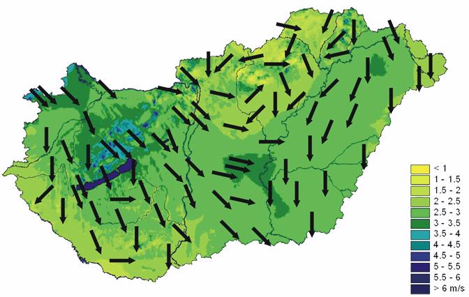 23. térkép: Az évi átlagos szélsebességek [m/s] és az uralkodó szélirányok Magyarországon (2000-2009) Forrás: OMSZ 24.