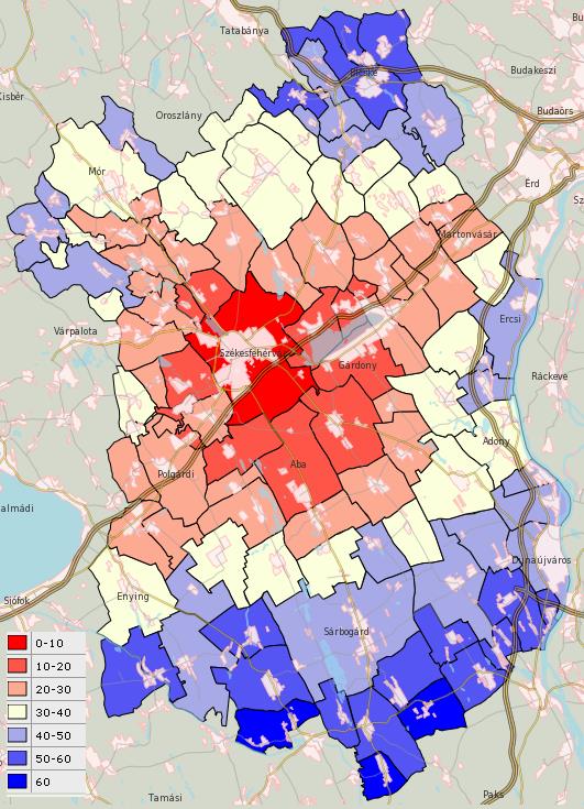 A hatás kelet felé a budapesti agglomeráció és a Duna-mente, a Velencei-tó körzete és Dunaújváros felé gyengébb, ezen kívül, azonban lefedi a megye területét.