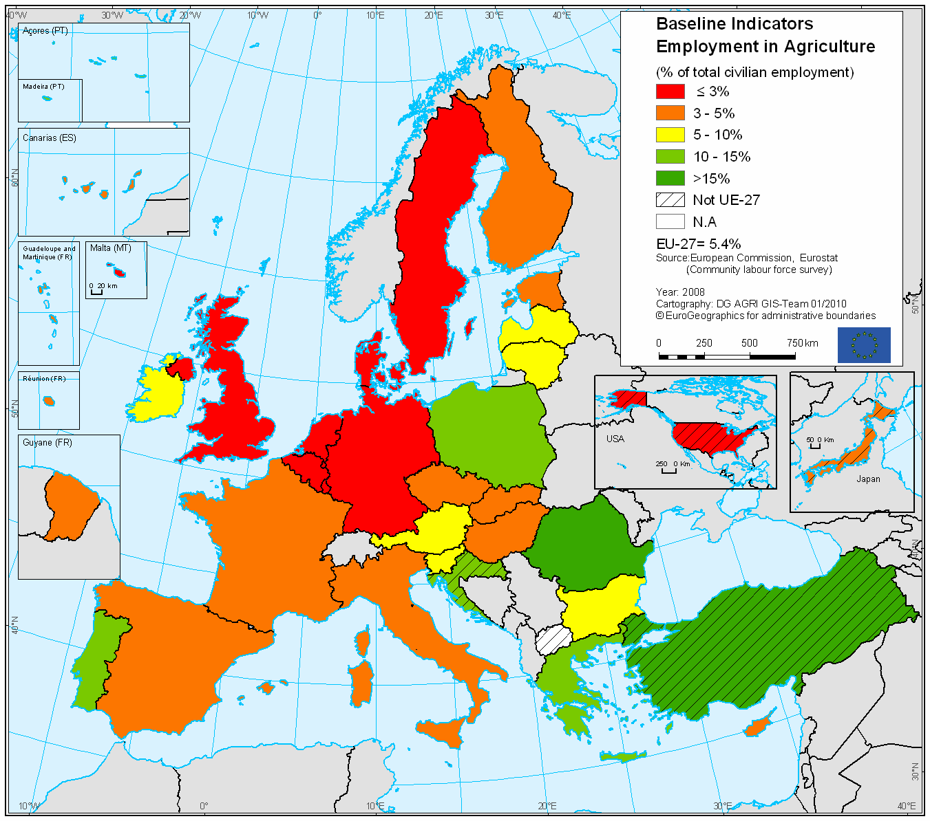 6. ábra: A mezőgazdaságban foglalkoztatottak az összes foglalkoztatott arányában (2008) Forrás: European Commission Az is borítékolható, hogy a következő tervezési időszakban figyelembevételre fog