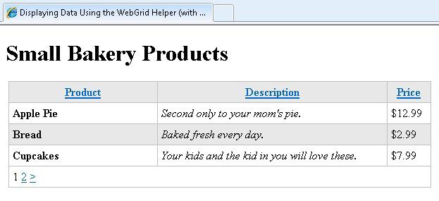 <div id="grid"> @grid.gethtml( tablestyle: "grid", headerstyle: "head", alternatingrowstyle: "alt", columns: grid.columns( grid.column("name", "Product", style: "product"), grid.