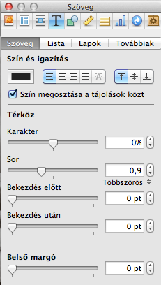 Multimédia-tervezés és fejlesztés Mac OS X környezetben 43 sorok, bekezdések közötti távolság, illetve ha szükséges, a szövegdobozon belüli margó.