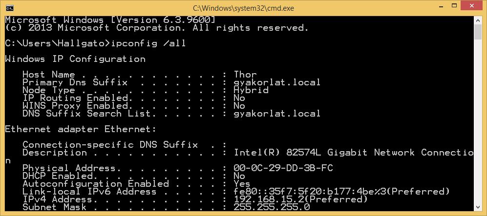 TCP/IP beállítások: Lekérdezés Az összes hálózati adapter minden adata ipconfig /all Csak a fizikai (MAC) címek lementése szöveges állományba ipconfig/all find