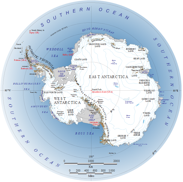 Magába foglalja a szűkebb értelemben vett Antarktika kontinenst, valamint számos szigetet (Déli-Georgia és Déli-Sandwichszigetek, Déli-Orkney-szigetek, Déli-Shetland-szigetek).
