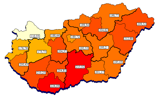 10 ezer lakosra jutó elszámolt súlyszám területi megoszlása a beteg lakóhelyének