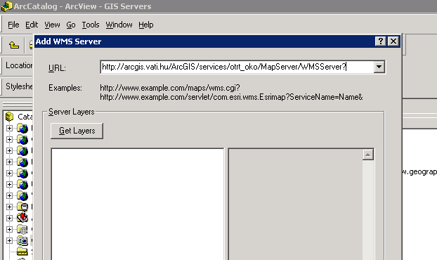 Az Add WMS Server elemre duplán kattintva megjelenő Add WMS Server ablak URL: sorába másoljuk be az OTrT-WMS link html oldalon található általunk megjeleníteni kívánt OTrT tervlap WMS linkjét. 2.