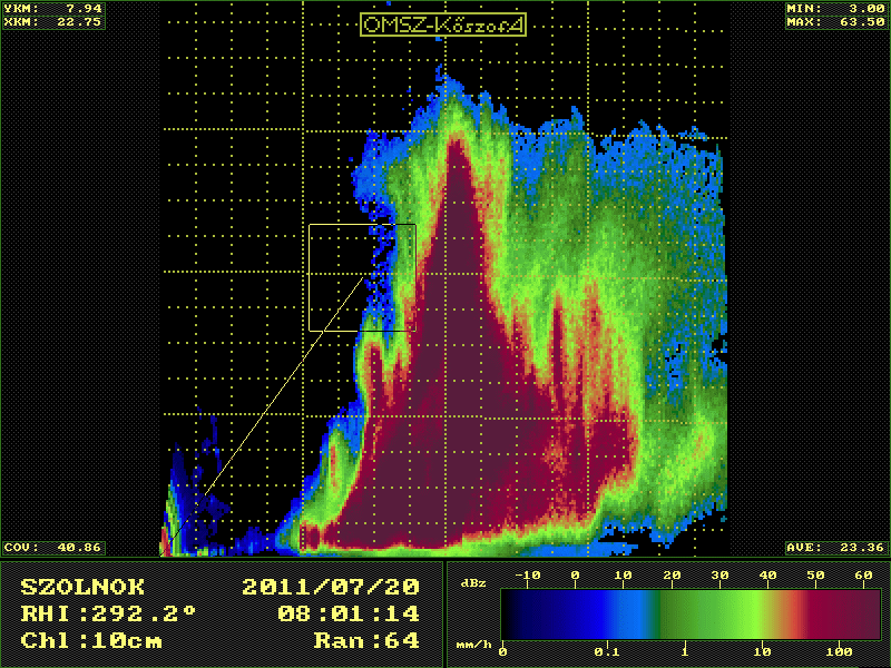 SZUPERCELLA - 2011 JÚLIUS 20, 08:00 UTC MRL-5 5 radar RHI metszet Szolnok Kecskemét Max VIL 44 kg/m2