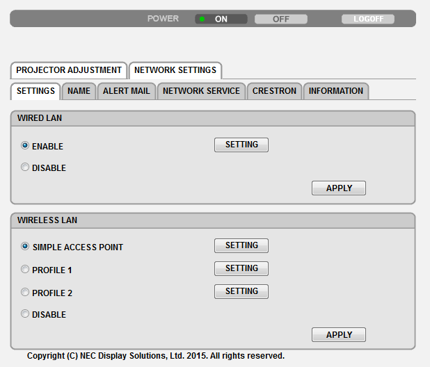 3. Kényelmi funkciók A NETWORK SETTINGS (HÁLÓZATI BEÁLLÍTÁSOK) lap SETTINGS (BEÁLLÍTÁSOK) Közös WIRED LAN (VEZETÉKES LAN) és WIRELESS LAN (VEZETÉK NÉLKÜLI LAN) beállítások SETTING (BEÁLLÍTÁS) gomb